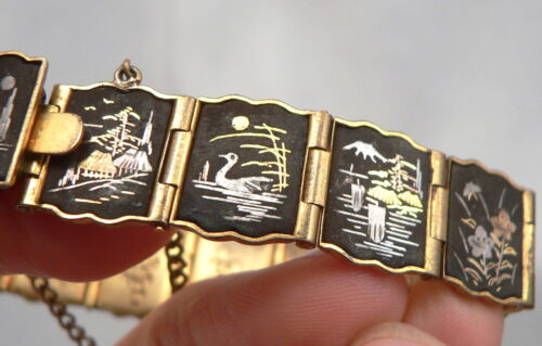 Vintage Japanese DAMASCENE BRACELET Scenic Gold Silver Inlay Engraved Japan