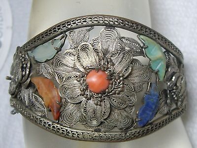 Antique Chinese Export Bracelet Silver Filigree Carnelian Coral Turquoise Lapis