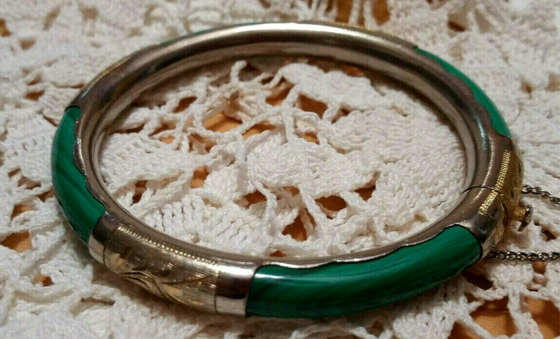 Vintage Chinese Malachite Hinged Bangle Bracelet