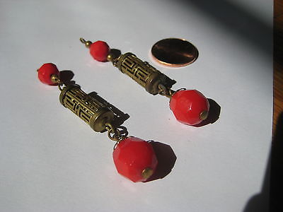 vintage dangle red coral EARRINGS brass chinese asian glass hippie retro antique