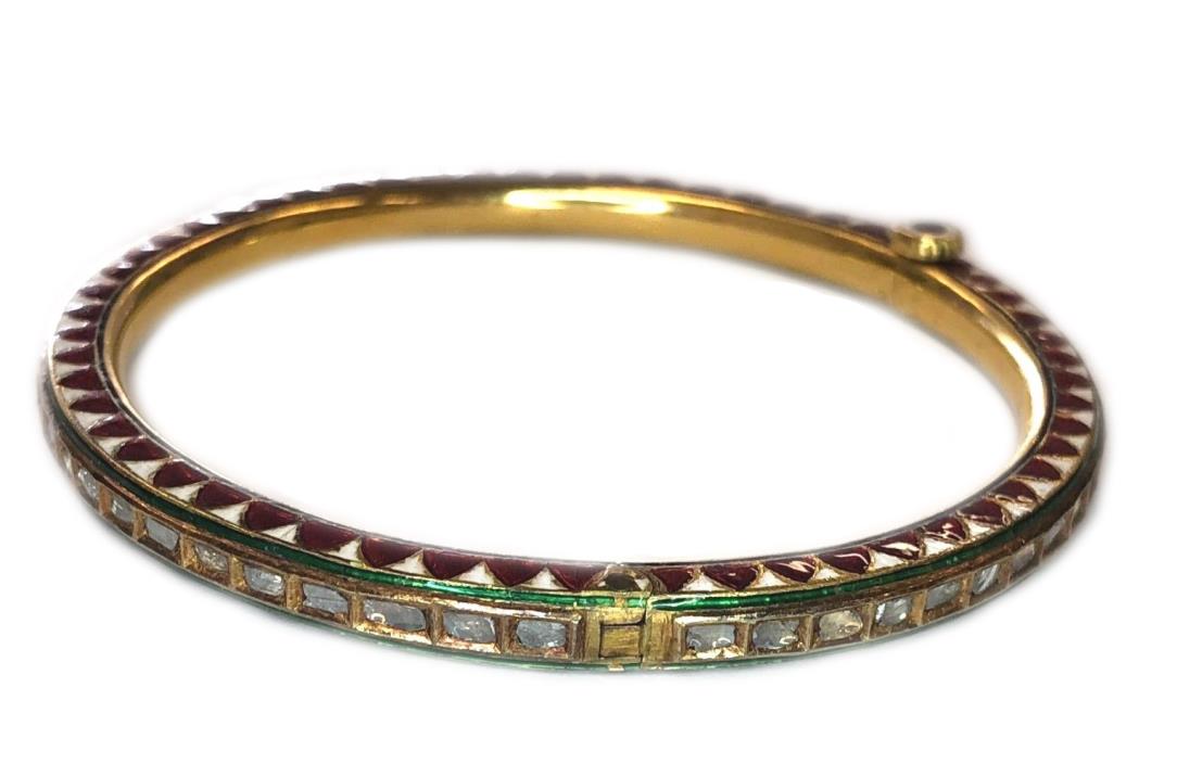 Minakari Minaar Enamel Rose Cut Diamond Bangle Bracelet 22K Gold 3.00 Carats