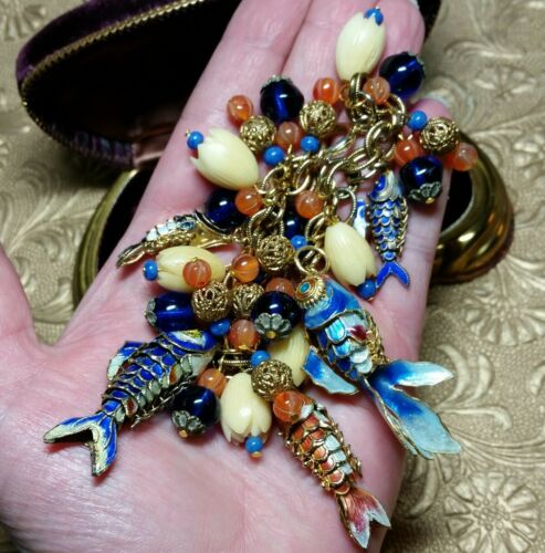 Vintage Chinese Articulated Enamel Fish Carnelian Bead Loaded Charm Bracelet