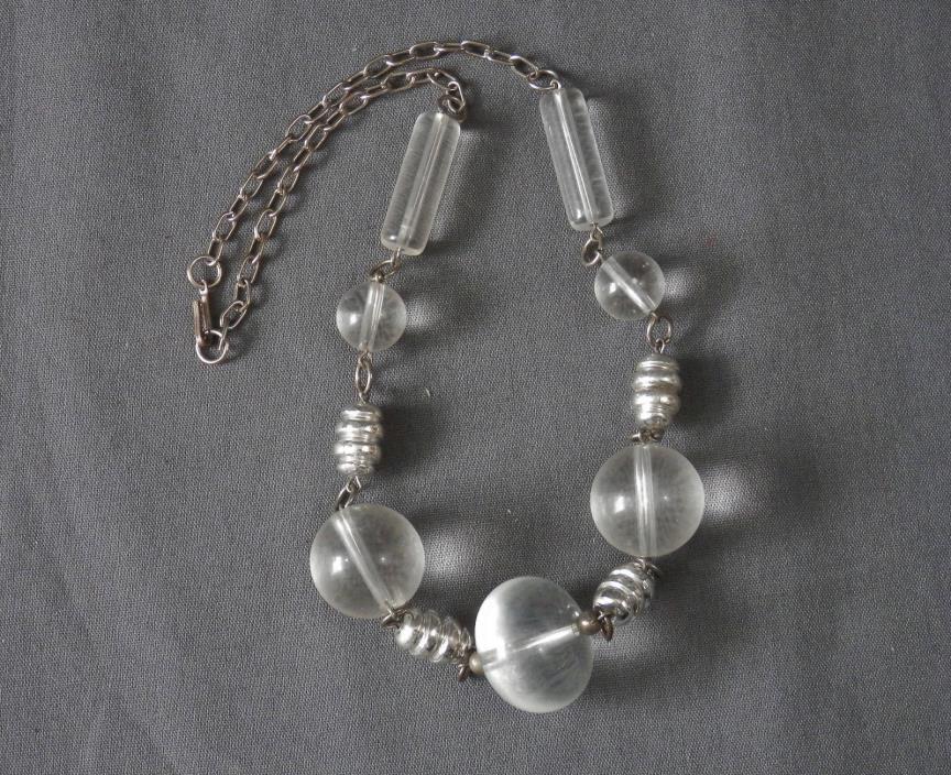 Space Age Necklace Clear Lucite Balls with Silver Barrel Accents Vintage Modern