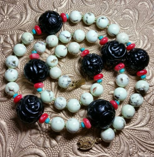 Vintage Chinese Carved Genuine Green Turquoise Coral Black Shou Bead Necklace