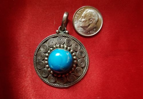 Antique Tibetan Hill Tribe Vintage Sterling Silver Turquoise Pendant - stamped