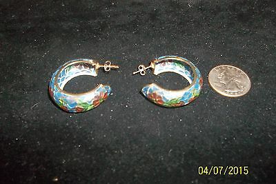 VINTAGE CHINESE PLIQUE A JOUR ENAMEL STAINED GLASS CLOISONNE HOOP EARRINGS