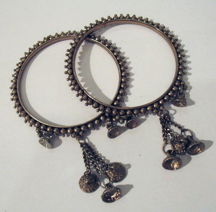 Pair of 2 vintage white metal bangle bracelets bell tassels SE Asian or MEast?