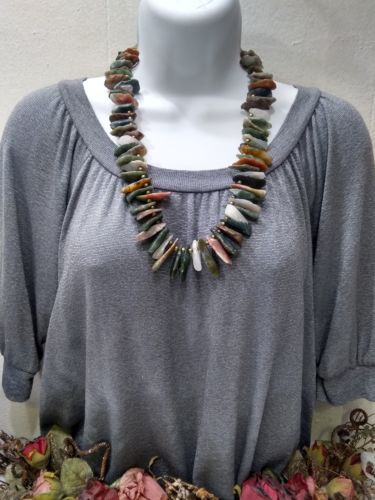 Vintage Jagged Polished Stone Brass Bead Necklace FREE SHIP