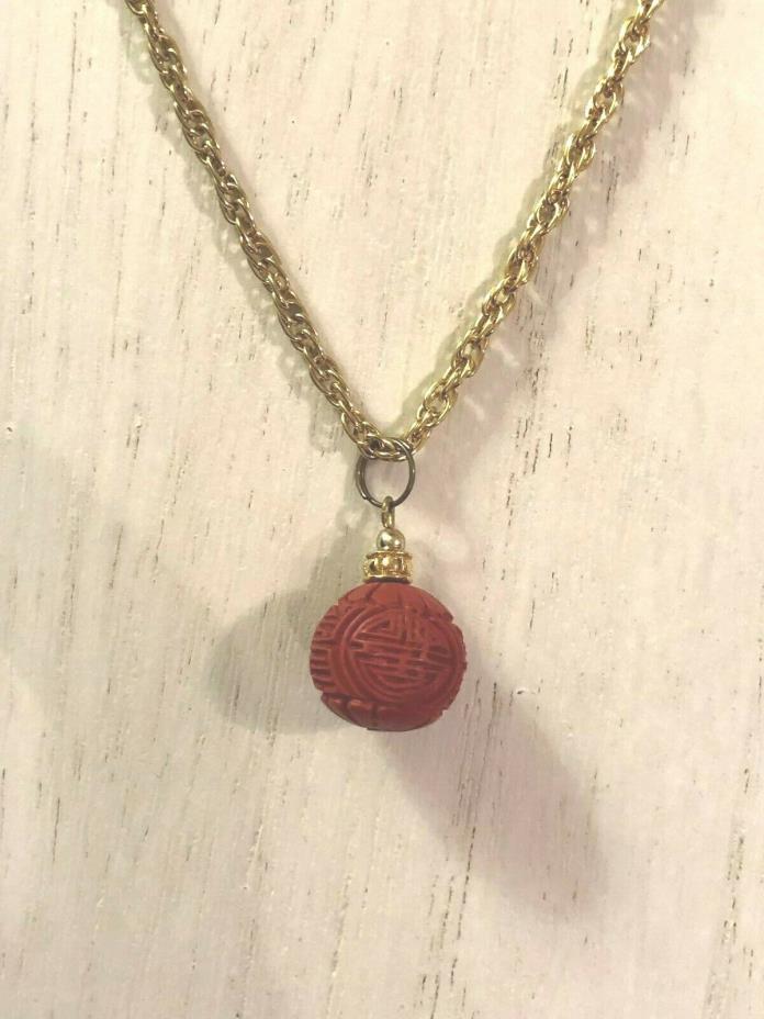 Vtg Chinese red cinnabar charm Necklace gold tone 18