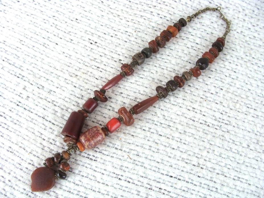 Vintage Tibetan Amber Bead & Nugget Necklace Statement Tribal Hand Crafted 22