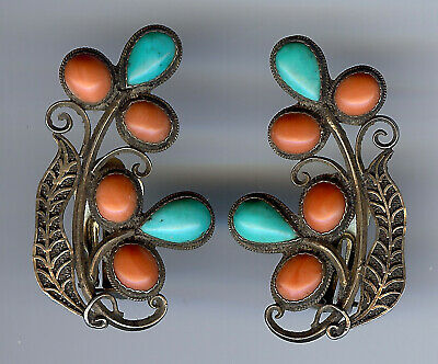 VINTAGE CHINESE GOLD WASH FILIGREE SILVER CORAL & TURQUOISE CLIP EARRINGS