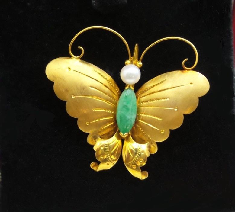 Vintage 14k Gold Chinese Jade Jadeite & Pearl Butterfly Pin