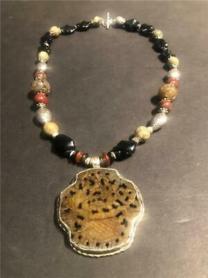 Chinese Carved and Pierced Brown Jade and Silver Basket Pendant Necklace
