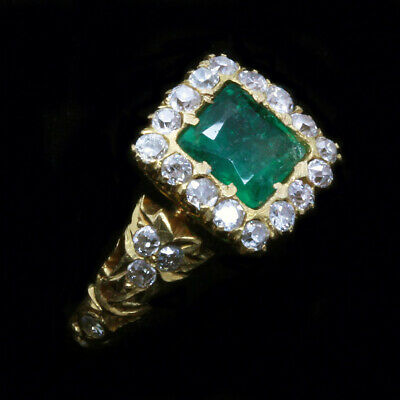Antique Vintage Ring Gold Emerald Diamonds Indian Openwork Design (4909)
