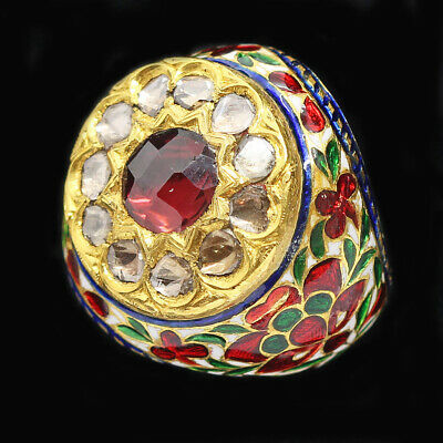 Antique Ring Mughal Enamel Diamond Garnet Indian Suits Man Woman (4733)