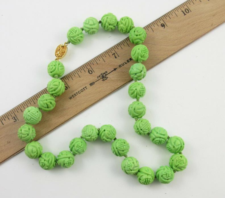 Vintage Chinese Carved Lime Green Bead Necklace SHOU