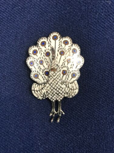 Vintage Sterling Silver Enamel Peacock Pin/Brooch From Siam