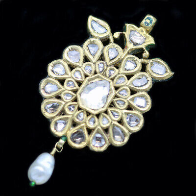 Antique Pendant Gold Diamond w Baroque Pearl  Enamel Back  Indian (4923)