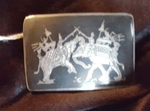 Fighting Elephants Silver And Black Belt Buckle,  Siam