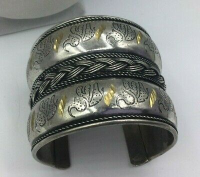 Vintage Bracelet Ethnic Silver & Brass Etched Flowers Braided Rope Wide Cuff