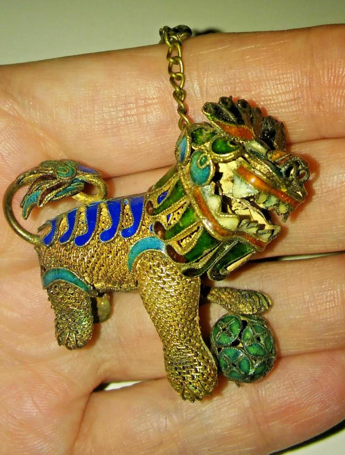 Antique Chinese Silver Enamel Foo Dog Lion Necklac Qing Filigree Estate Mesh