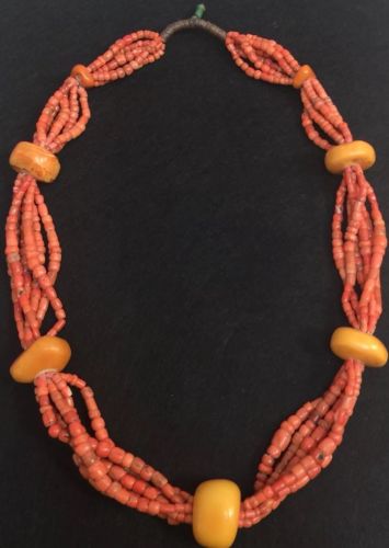 Antique Large Butterscotch Amber Bead Coral Necklace 210 Grams