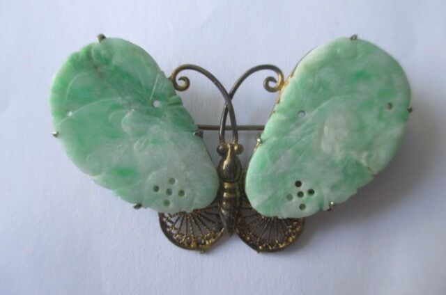 Antique Chinese Jadeite Jade Gilt Silver Butterfly Moth Pin Brooch