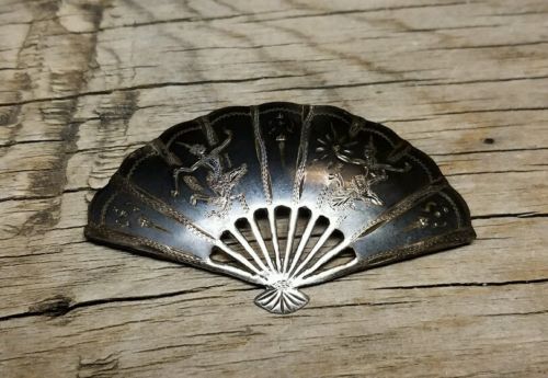 Sterling silver niello ware fan brooch Siam