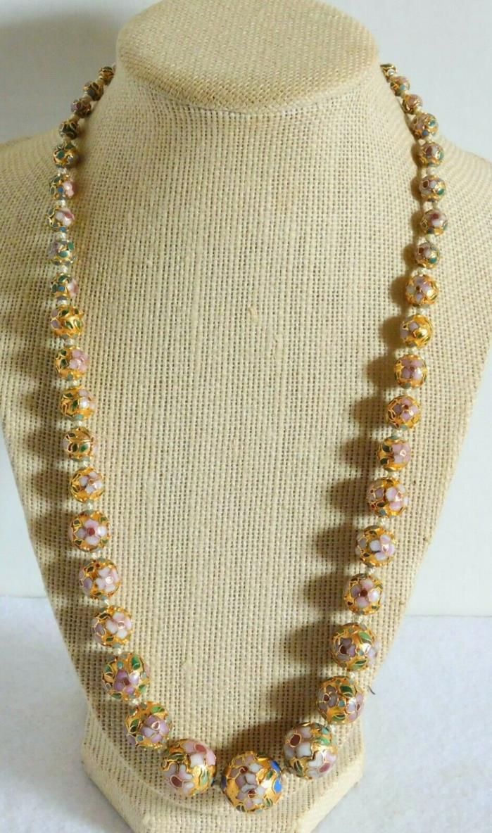 Gorgeous Pink Enamel Cloisonne Gold Flower Bead Necklace w/Box Clasp