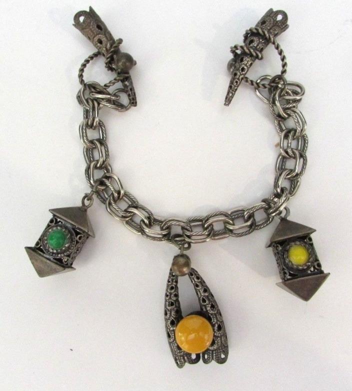 Antique Old Chinese Export Charm Bracelet Silver Fingernail Guard Glass Cabochon
