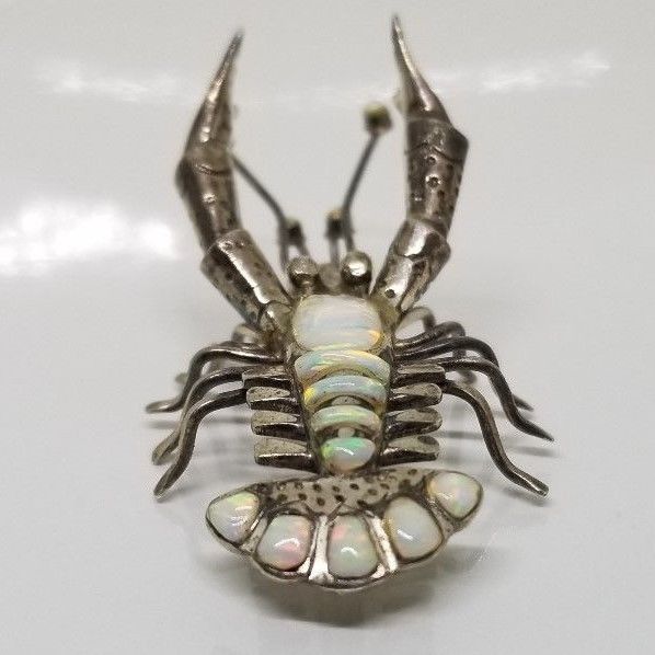 Vintage Sterling Silver Fire Opal Lobster Crawfish Crayfish Brooch Pin Pendant