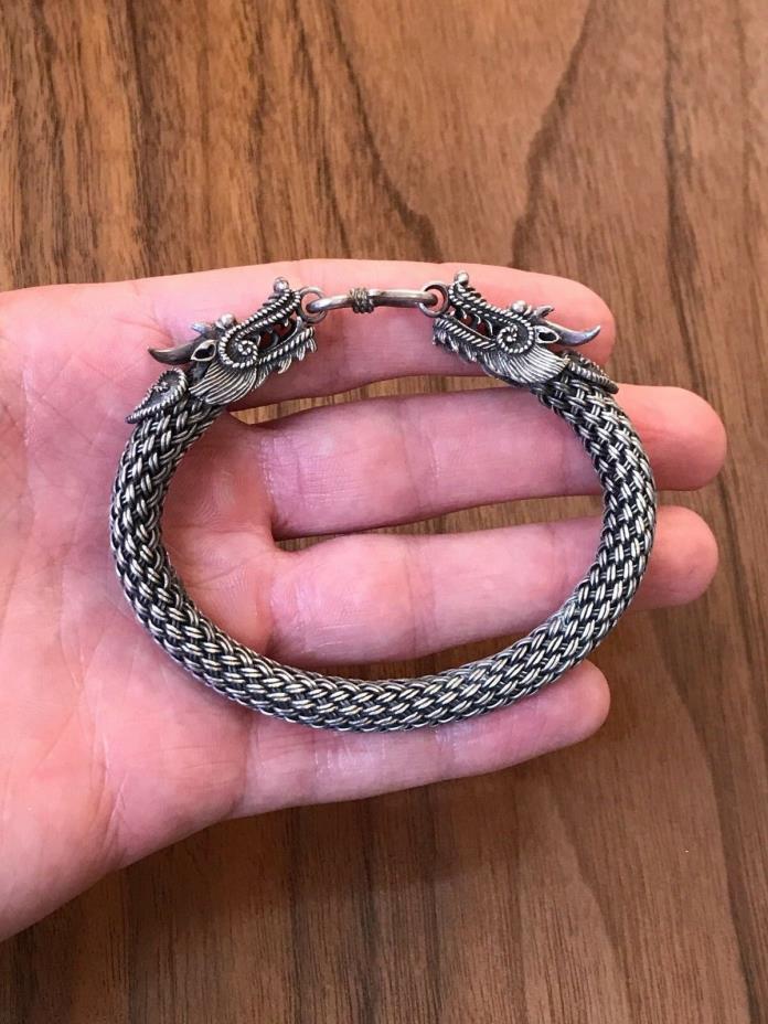 Vintage 1970’s Sterling Silver Double Dragon Head Detailed Bracelet - 43 Grams