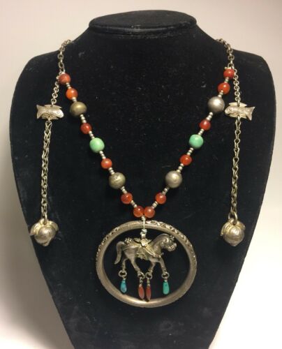 Chinese Antique Sterling Silver Turquoise & Carnelian Figural Horse Necklace