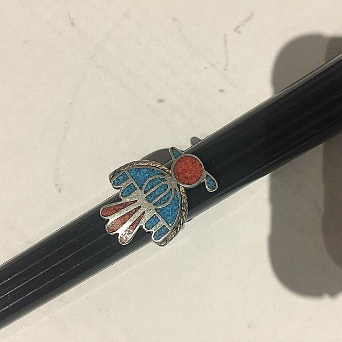 Vintage American Thunderbird Sterling Silver Turquoise Coral Ring Sz 6,7.3g Tot