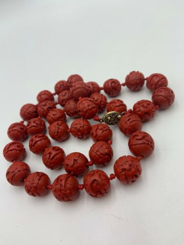 Estate CARVED CINNABAR Beaded NECKLACE 13mm Beads 50 Gr 24