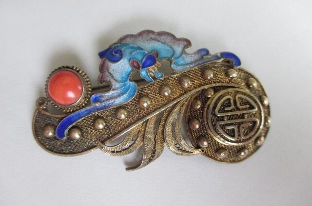 Vintage Chinese Export Filigree Silver Enamel Bat Coral Brooch Pin