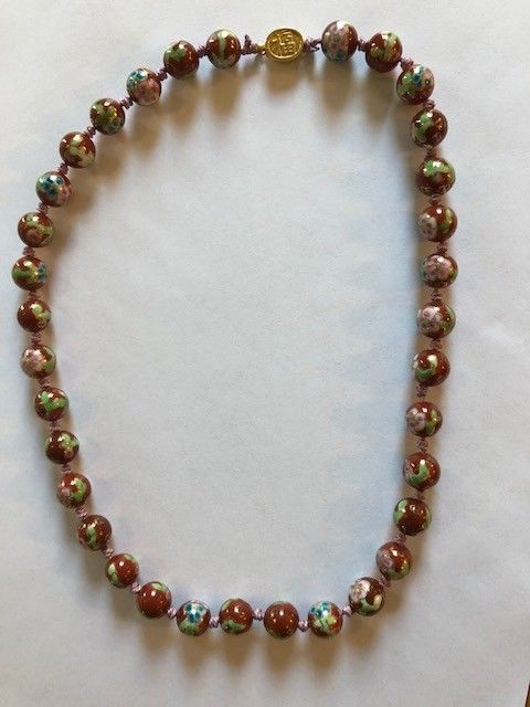 Vintage Faux Cloisonne Chinese Necklace - Red Flowered Beads - 21