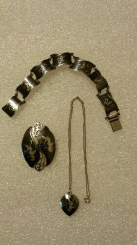 Vintage Siam Asia Sterling Silver Pendant Necklace Panel Bracelet & Pin Set