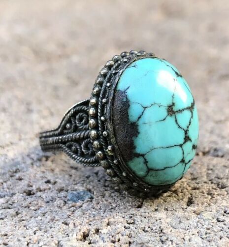 Vintage Old Chinese Silver Spiderweb Turquoise Filigree Ring