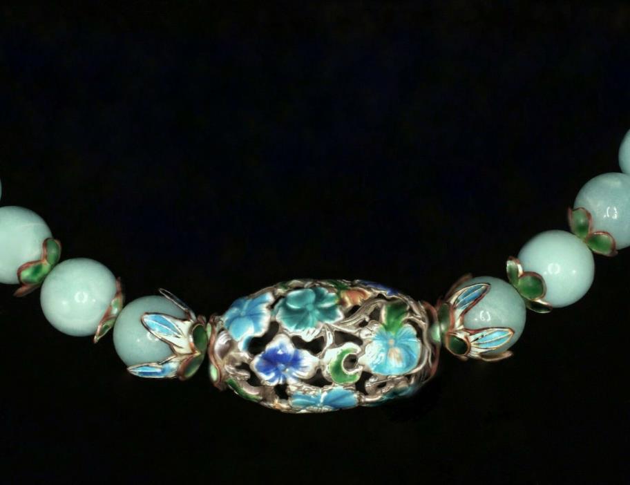 Vintage Chinese Silver Enamel Carved Flowers Focal Green-Blue Amazonite Necklace