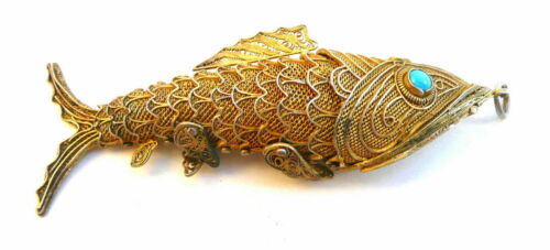 Vintage 1940s 50s China Chinese Gilt Silver & Turquoise FISH Pendant