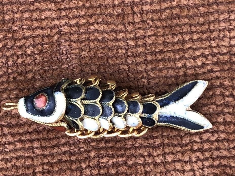 Articulated Cloissone Chinese Enamel Fish Necklace Pendant  Blue Gold Tone