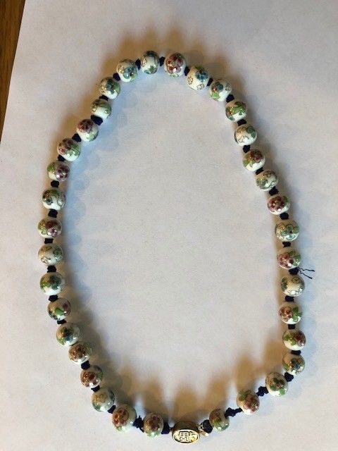 Vintage Faux Cloisonne Chinese Necklace - White Flowered Beads - 17