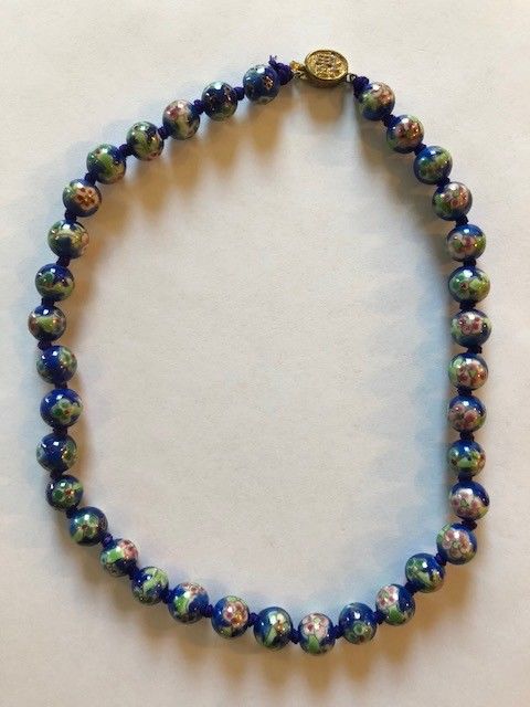 Vintage Faux Cloisonne Chinese Necklace - Blue Flowered Beads - 17