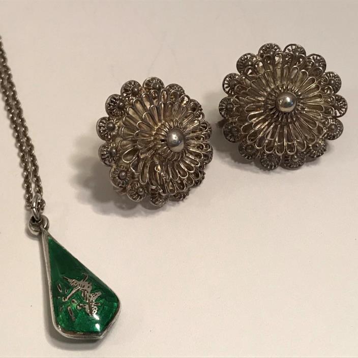 Vtg Lot Siam Sterling Green Pendant Necklace Elaborate Metalwork Earrings