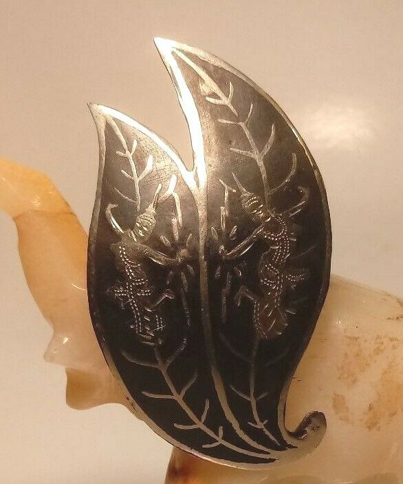 Very Large Siam Silver Leaf Brooch Black and silver trim over 2