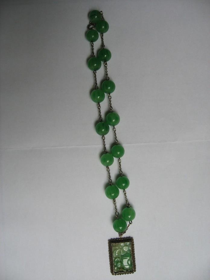 Art Deco Chinese Apple Green Jade Pendant, Peking Glass Beads Necklace 15