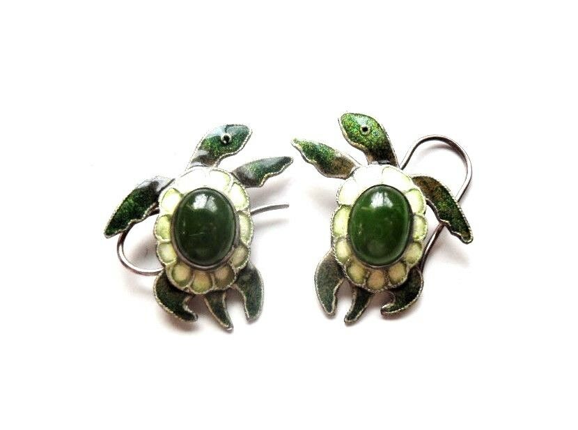 RARE Gorgeous Vintage Chinese Sterling Silver Enamel Jade Turtle Wire Earrings