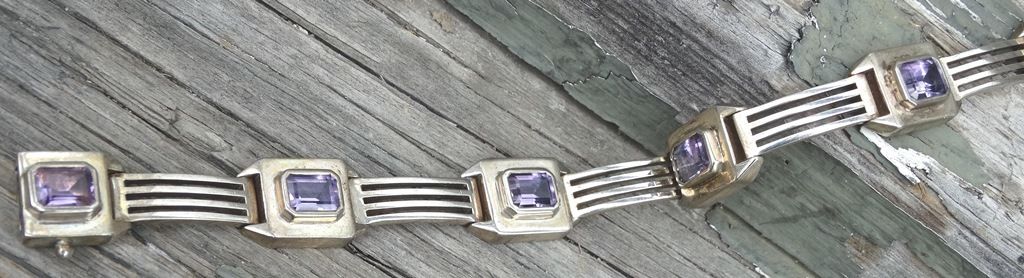 Vintage Sterling Silver Amethyst Art Deco Panel Bracelet Thailand