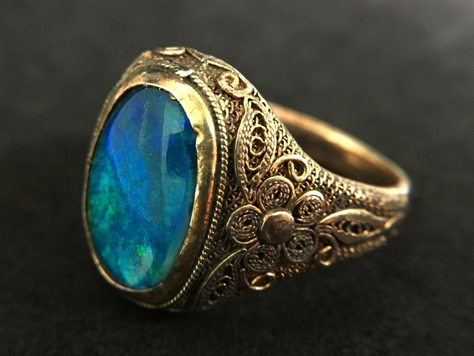 Antique Chinese Export Filigree Sterling Silver Vermeil/G Black Fire Opal Ring